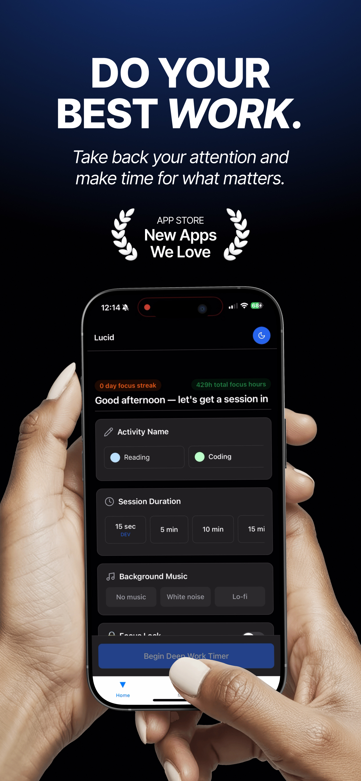 Lucid focus session setup screen on iPhone