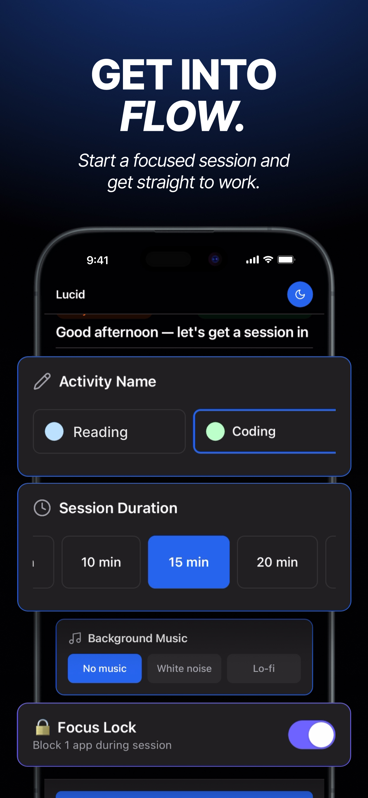 Lucid Focus Lock toggle blocking a distracting app during a session