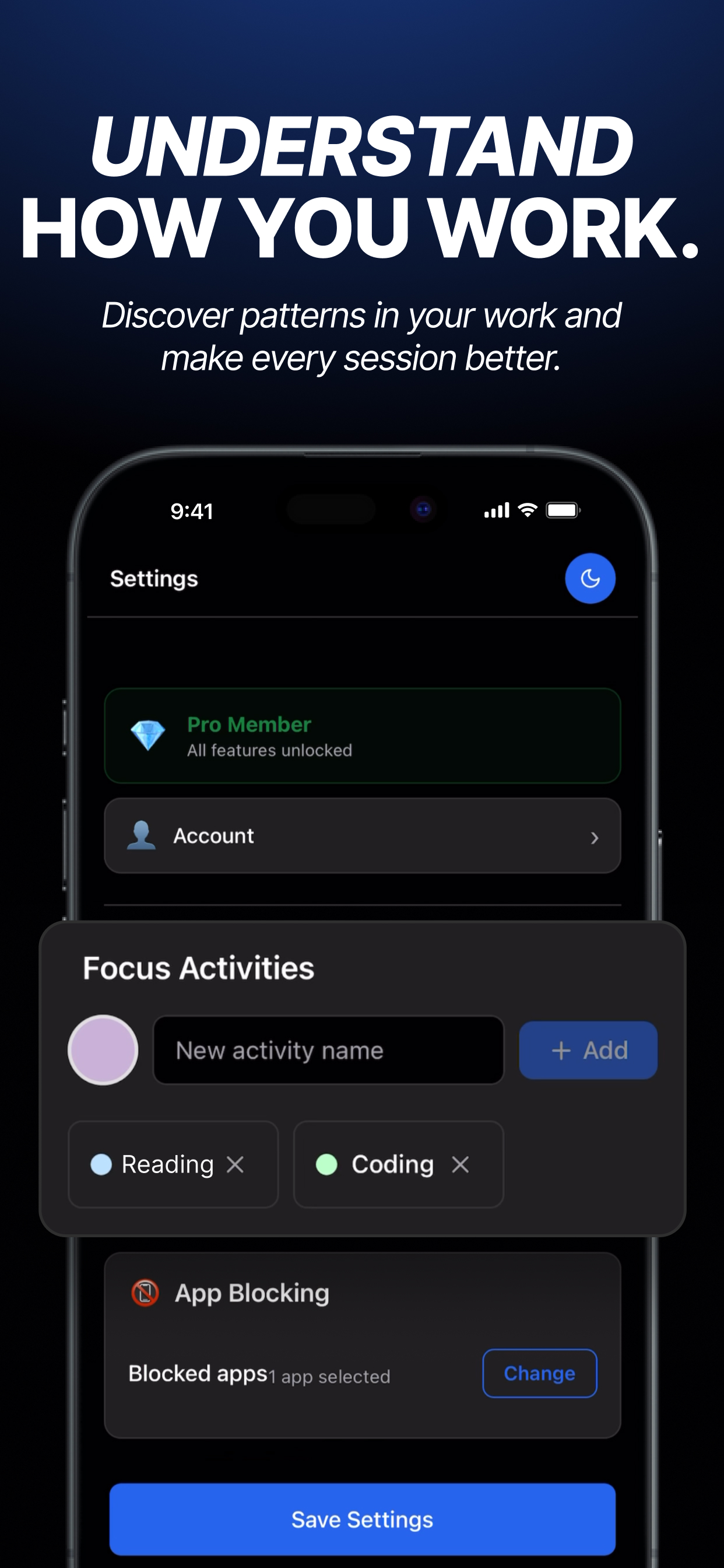Lucid settings screen showing custom focus activities and app blocking