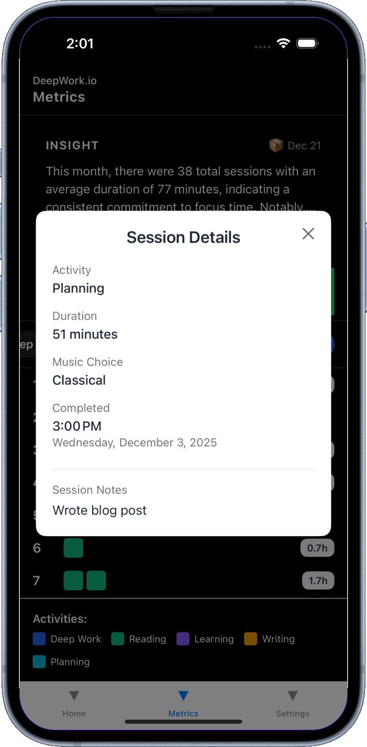 DeepWork.io app interface showing activity tracking