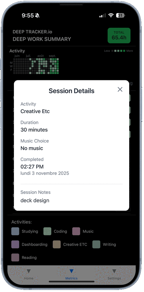 DeepWork.io app interface showing activity tracking